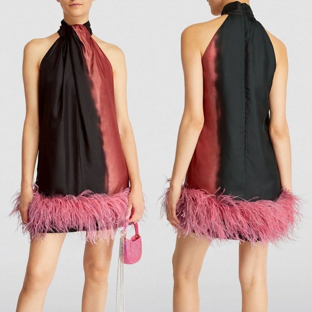 Satin Halter Feather Hem Mini Dress - Black & Rose Pink - Picture 7 of 11